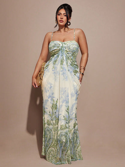Green Floral Maxi Bodycon Dress, Elegant Dress For Vacation, Mesh Dress