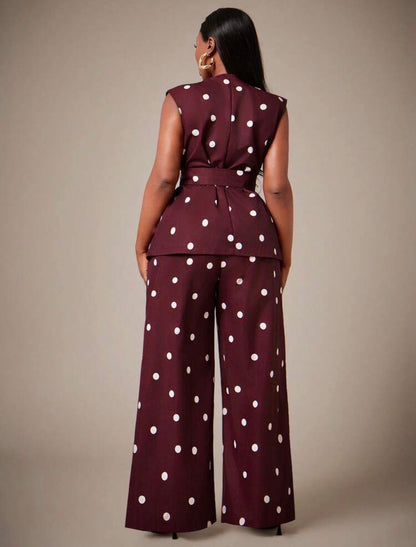 Radiana Ladies Classic Retro Polka Dot Vest And Wide Leg Pants Set For Holiday / Vacations