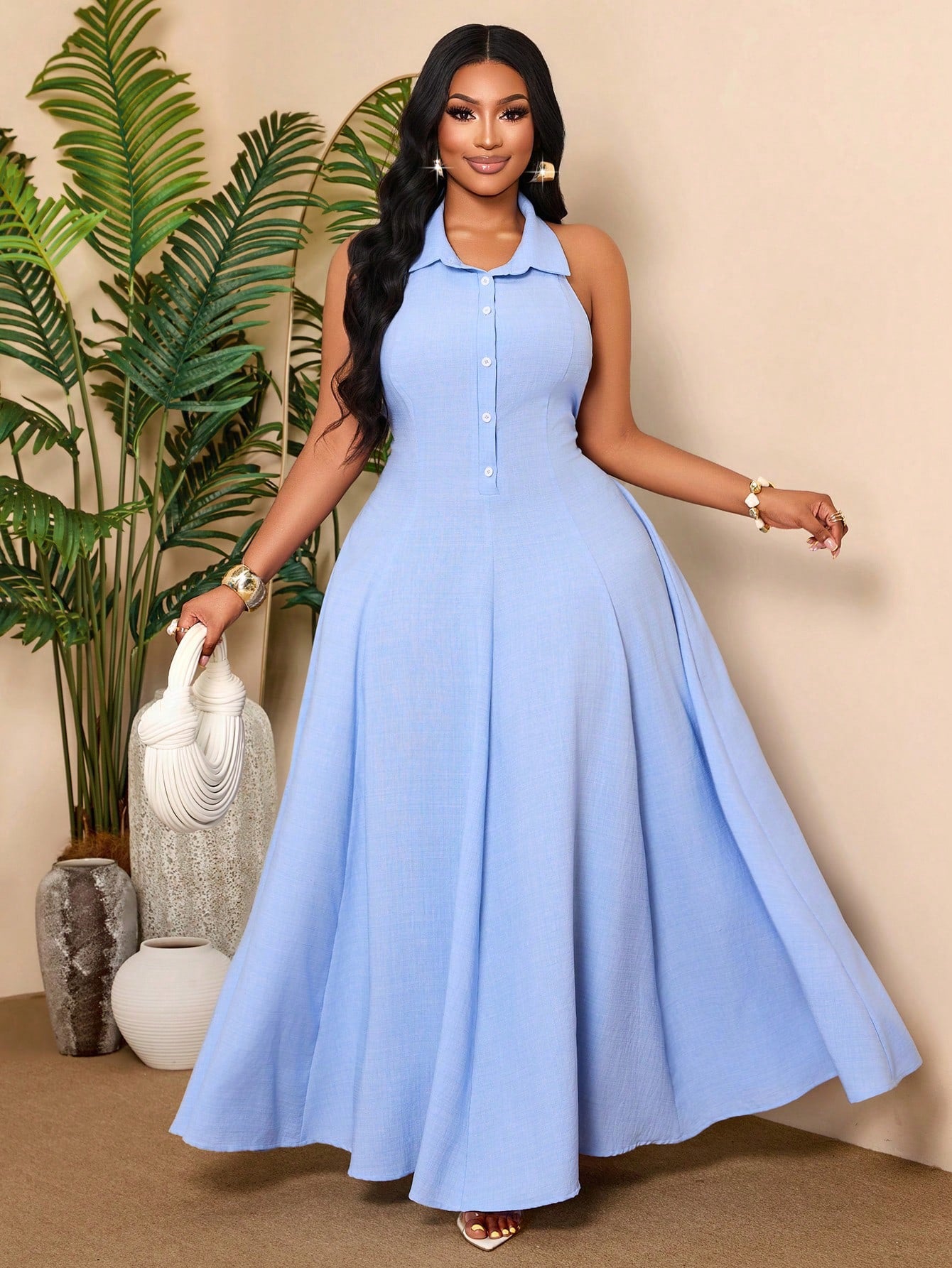 Sleeveless Woven Fabric Maxi Dress With Backless And Button Details