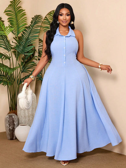 Sleeveless Woven Fabric Maxi Dress With Backless And Button Details