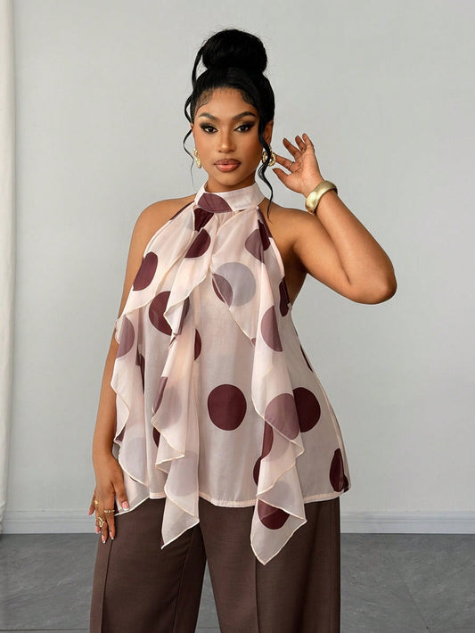 Maweii Plus Retro French Polka Dot Ruffle Hem Blouse