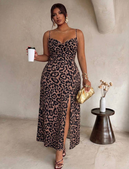 Firerie Women's Leopard Print Slit Design Casual Party Spaghetti Strap Dress