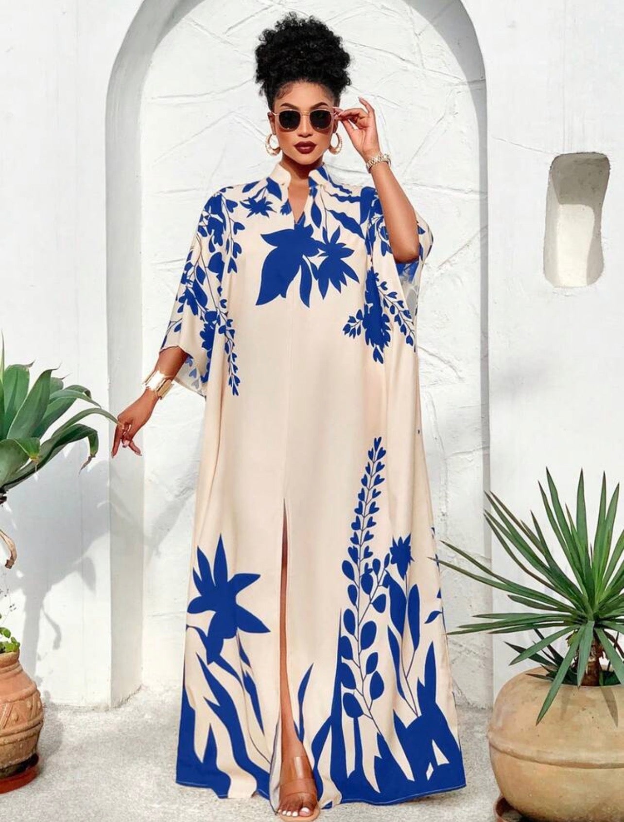 Off-Shoulder Front Slit Maxi Dress With Sunshine/Plant Element Print Is An Important Fashion Item For Very Social Life Occasions