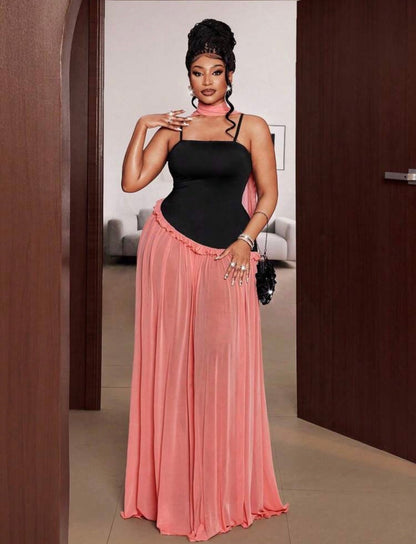 Sexy Spaghetti Strap Patchwork Frill Trim Dress, Loose Casual Holiday Dress @CHRISTIANDELOS