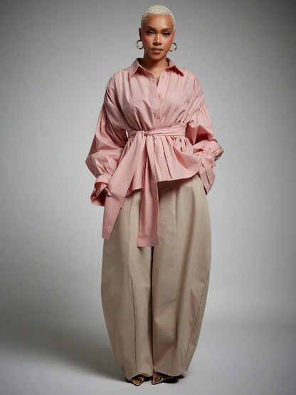 Two-Way Worn Solid Woven Pointed Collar Ruffle Cuff Button Down Blouse, Business Work Office Commute Top, Chic Workwear -