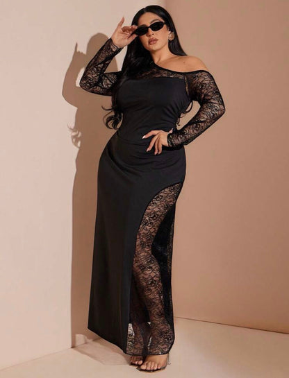 Women's Lace Patchwork Sexy Black Dress, Off-Shoulder High-Slit Maxi Dress @ CHRISTIANDELOS_ VERI CLASSY VERI DEMURE