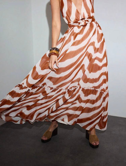 PREMIUM DEEP V-NECK CINCHED WAIST A-LINE STRIPED PRINT DRESS