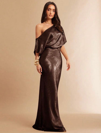 Silquee Elegant Vintage Asymmetrical Shoulder Waist Cinched Dress - VERI CLASSY VERI DEMURE @CHRISTIANDELOS