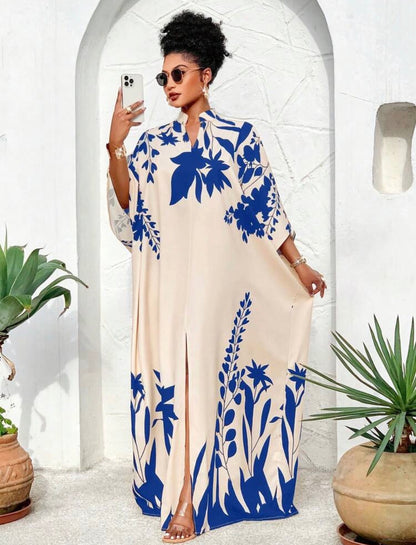 Off-Shoulder Front Slit Maxi Dress With Sunshine/Plant Element Print Is An Important Fashion Item For Very Social Life Occasions