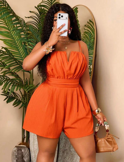 Orange Casual Jumpsuit, Sleeveless Spaghetti Strap V-Neck Ruched Short Jumpsuit With Pockets, Suitable For Daily Wear