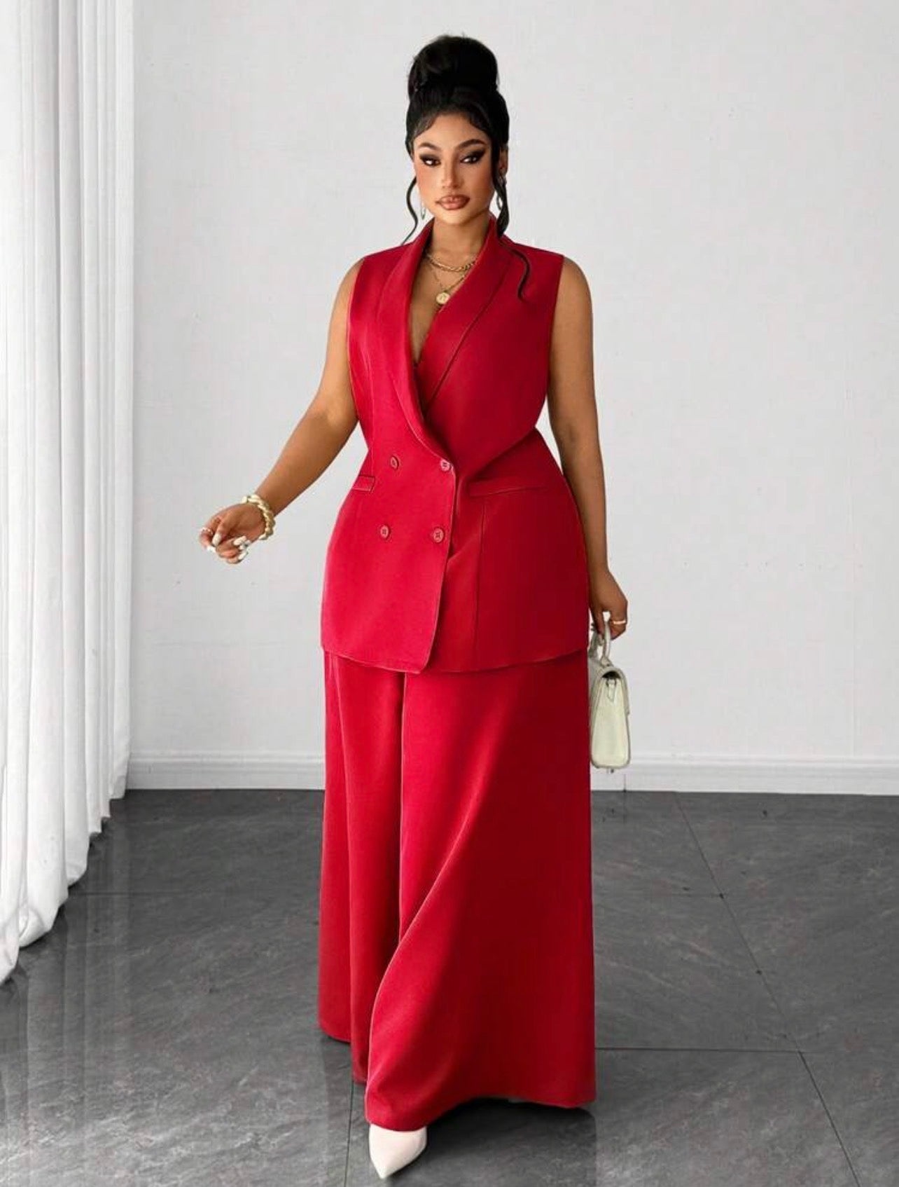 Casual Elegant Blazer Jacket And Wide Leg Pants Suit, Suitable For Work Commute - CHRISTIAN DELOS -