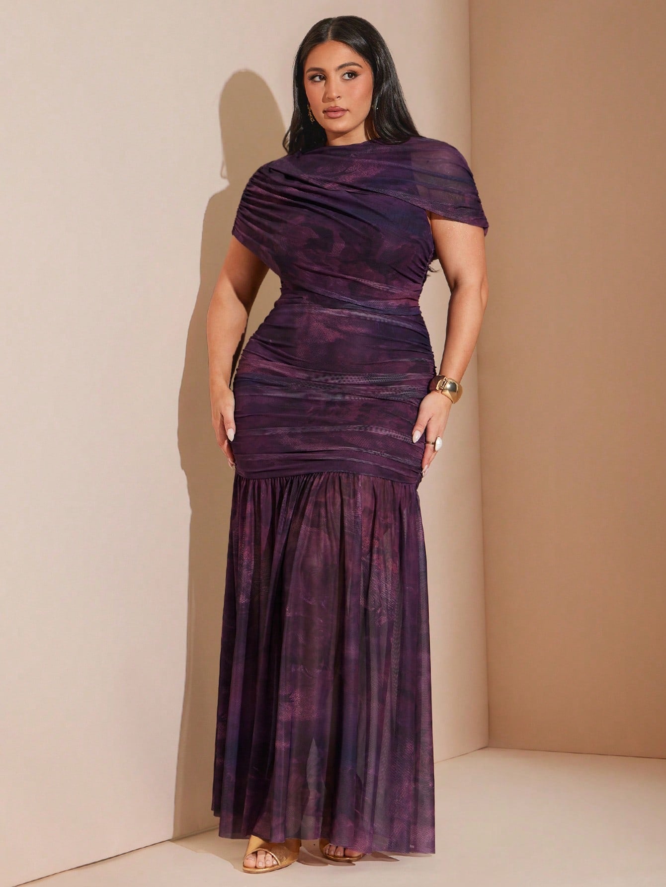 Ladies Elegant Dark Purple Formal Dress,Tie & Dye Mesh Ruched O Neck Maxi Dress With Sheer Sleeves,Sophisticated Mermaid Hem Gown