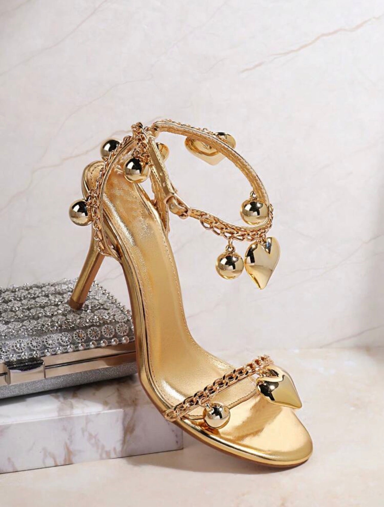 Women Shoes Cross Ankle Strap Heart Decor Open Toe Stiletto Thin High Heeled Sexy Glowing Gold Metallic Sandals Heels