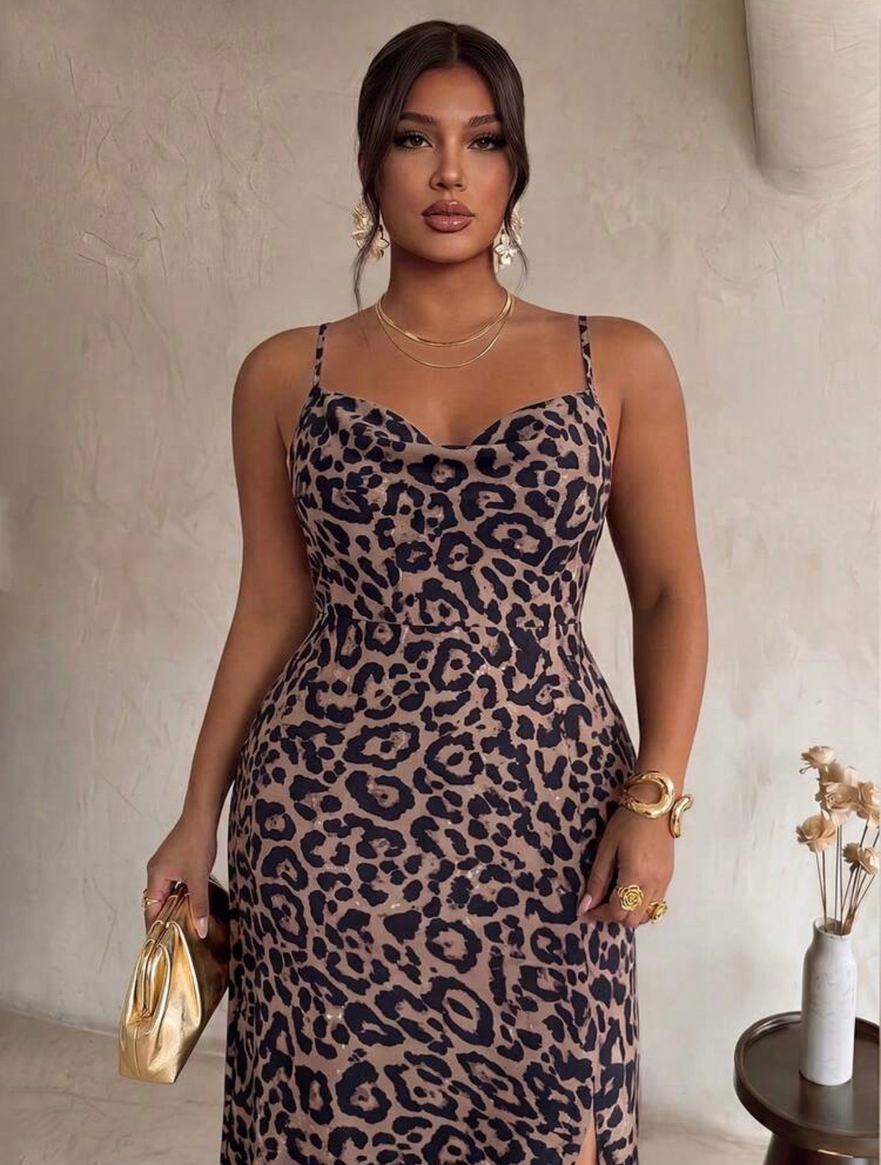 Firerie Women's Leopard Print Slit Design Casual Party Spaghetti Strap Dress