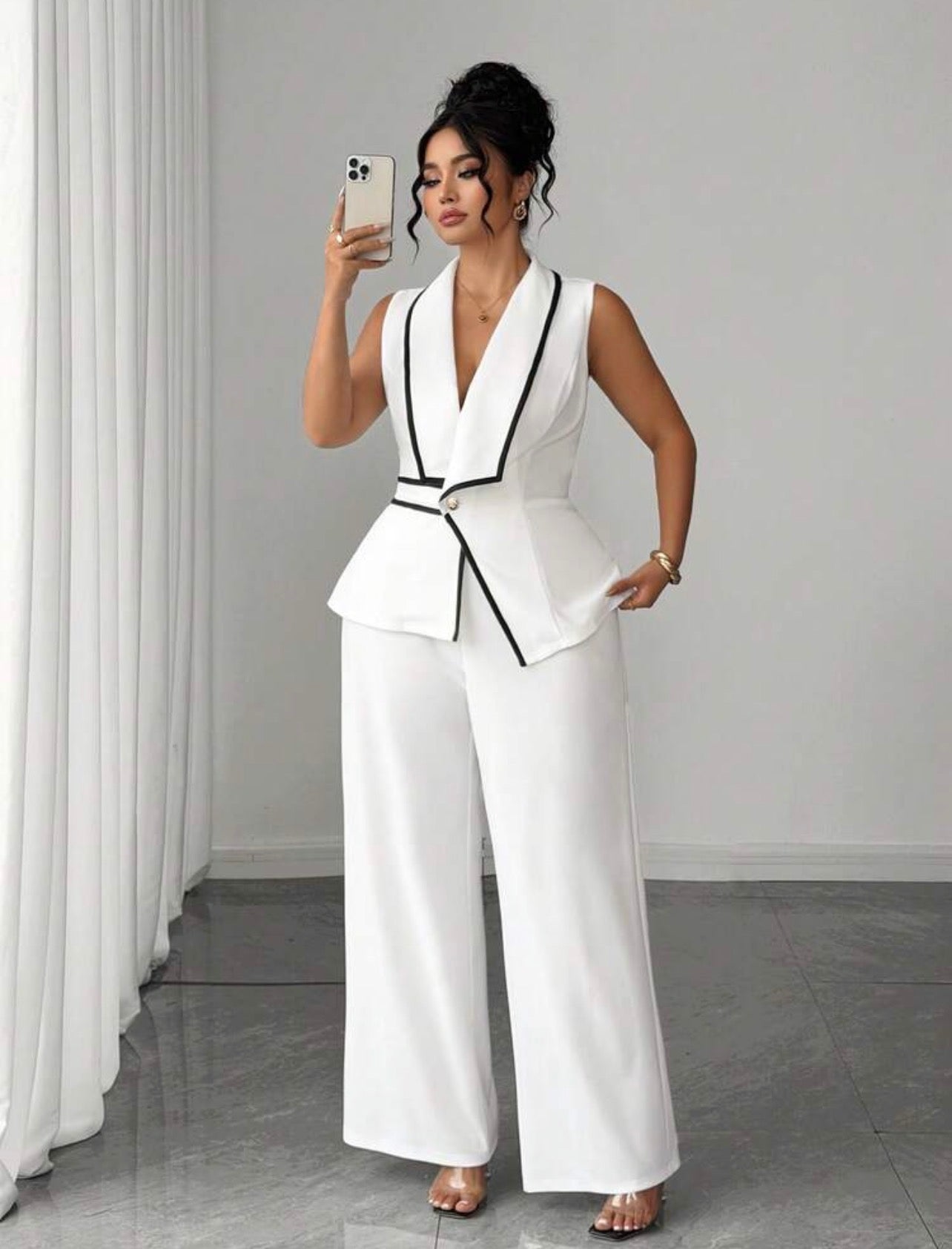 CLASY White Contrast Trim Ruffle Waist + Wide Leg Pants Suit, Sleeveless Top Two Pieces Office/Commute