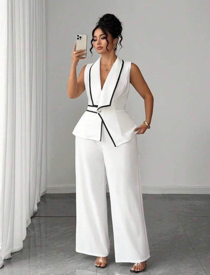 CLASY White Contrast Trim Ruffle Waist + Wide Leg Pants Suit, Sleeveless Top Two Pieces Office/Commute