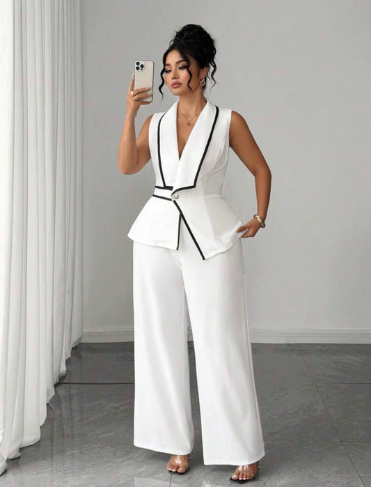 CLASY White Contrast Trim Ruffle Waist + Wide Leg Pants Suit, Sleeveless Top Two Pieces Office/Commute