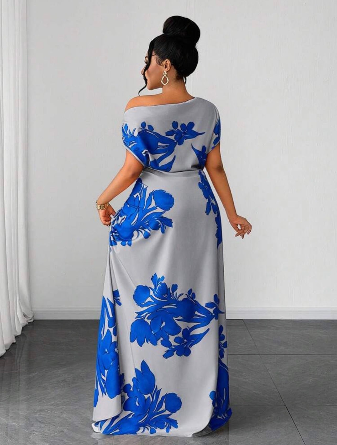 Floral Print Ruched Waist Slit Shoulder Casual Vacation Dress