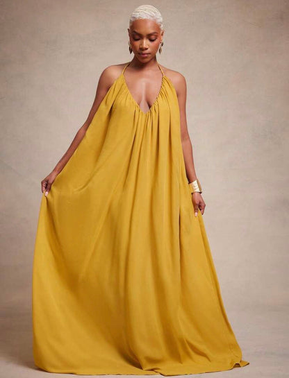 Vixey Elegant Chiffon Flowy Halter Maxi Dress, Glamorous For Special Occasion