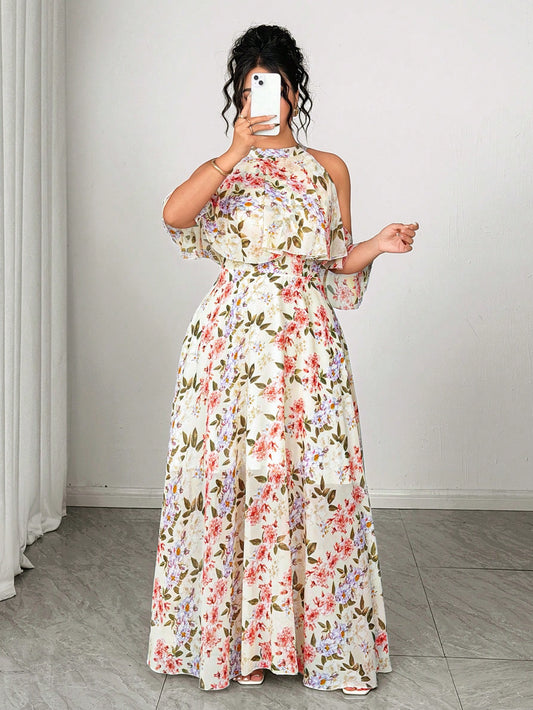 Classic - Vintage Floral Ruffle Sleeve Halter Neck Flowy Maxi Dress - CHRISTIAN DELOS -