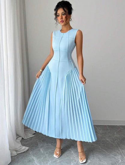 Minimalist Design Neck Sleeveless Pleated Hem Maxi Knit Dress