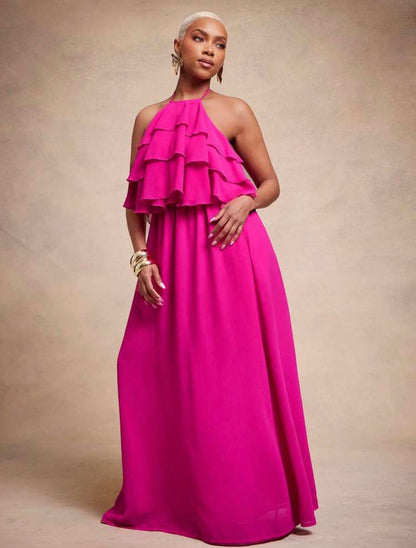 Vixey Chiffon Fully Lined Tiered Ruffle Flowy Halter Neck Maxi Dress, Elegant, Glamorous for Special Occasion