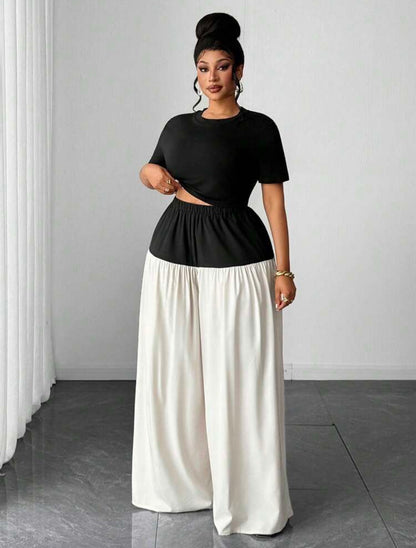 Elegant Smart Casual Everyday Two Pieces Set Fitted Short Sleeve Round Neck T-Shirt And Wide Leg Pants