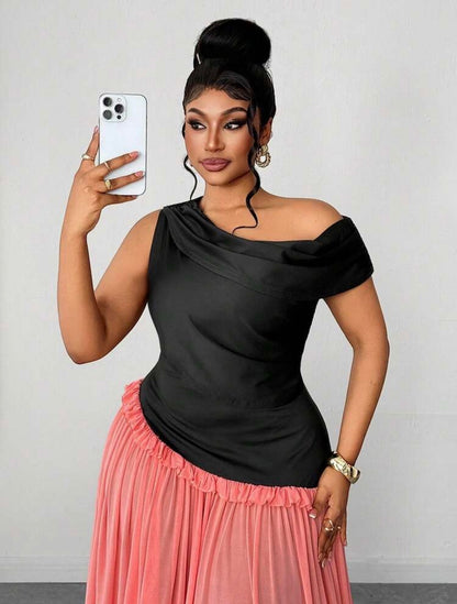 Vacation Color Block Black & Pink Mesh Flared Sleeveless Asymmetric Ruched Unique Design Elegant Party Dress