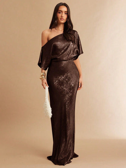 Silquee Elegant Vintage Asymmetrical Shoulder Waist Cinched Dress - VERI CLASSY VERI DEMURE @CHRISTIANDELOS