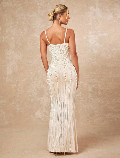 Scot Louie Pearls And Rhinestone Detail Split Hem Bustier Slip Maxi Dress Luxury Look Banquet Modest Old Money Glitter OutFit ~ @CHRISTIANDELOS_