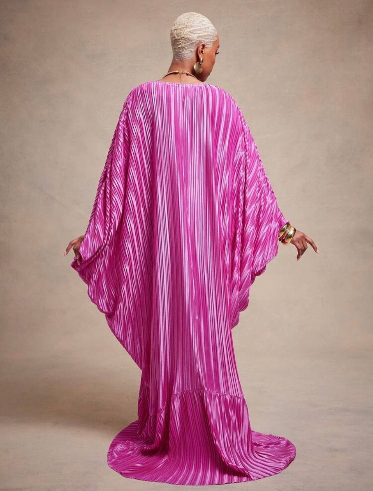 Vixey Statement Pleated Satin V Neck Cut Out Batwing Tiered Hem Kaftan Maxi Dress Elegant For Glamorous, Special Occasion