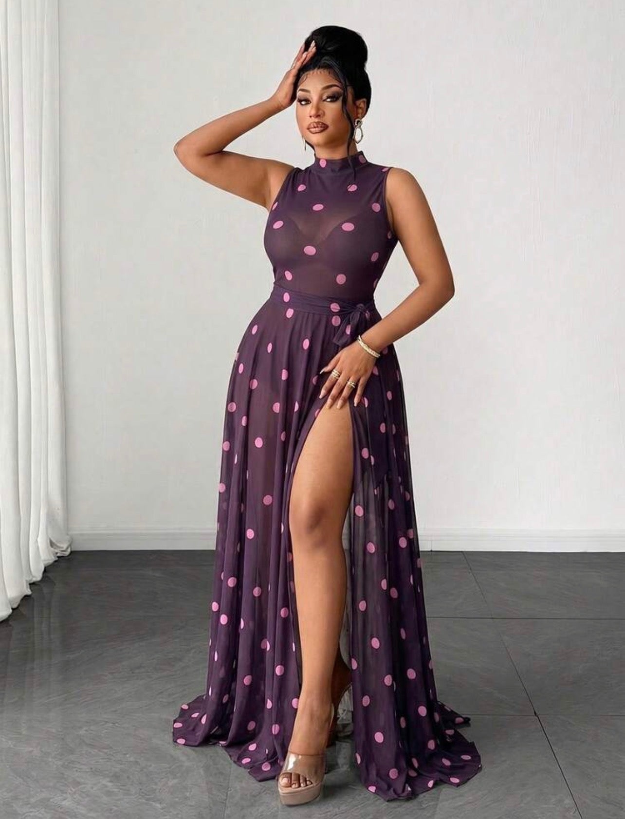 Women's Sexy Vacation Leopard Print Semi-Sheer Mesh Ultra Long High Slit Sleeveless Party Dress