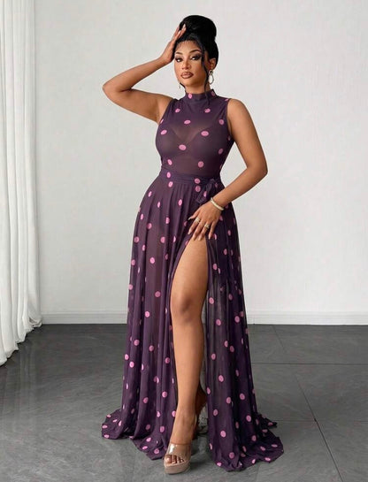 Women's Sexy Vacation Leopard Print Semi-Sheer Mesh Ultra Long High Slit Sleeveless Party Dress
