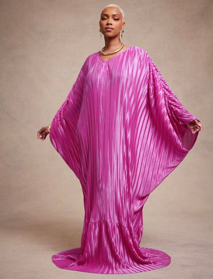 Vixey Statement Pleated Satin V Neck Cut Out Batwing Tiered Hem Kaftan Maxi Dress Elegant For Glamorous, Special Occasion