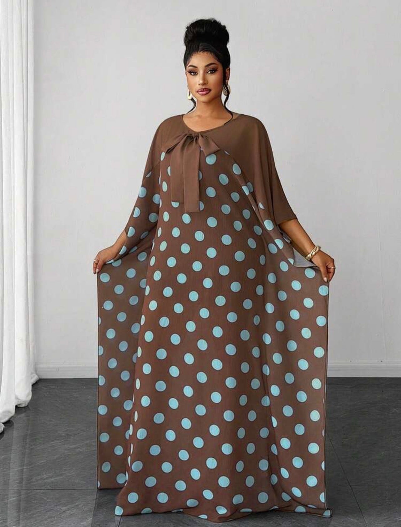Ladies Loose Polka Dot Long Sleeve Dress - Classy and Demure Dress