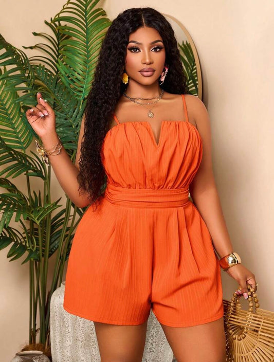 Orange Casual Jumpsuit, Sleeveless Spaghetti Strap V-Neck Ruched Short Jumpsuit With Pockets, Suitable For Daily Wear