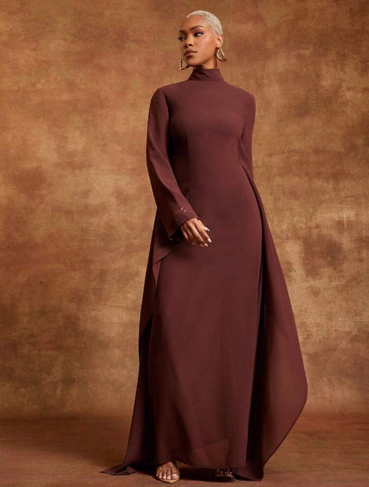 Vixey Brown Chiffon Mock Neck Batwing Long Sleeve Maxi Dress @CHRISTIANDELOS