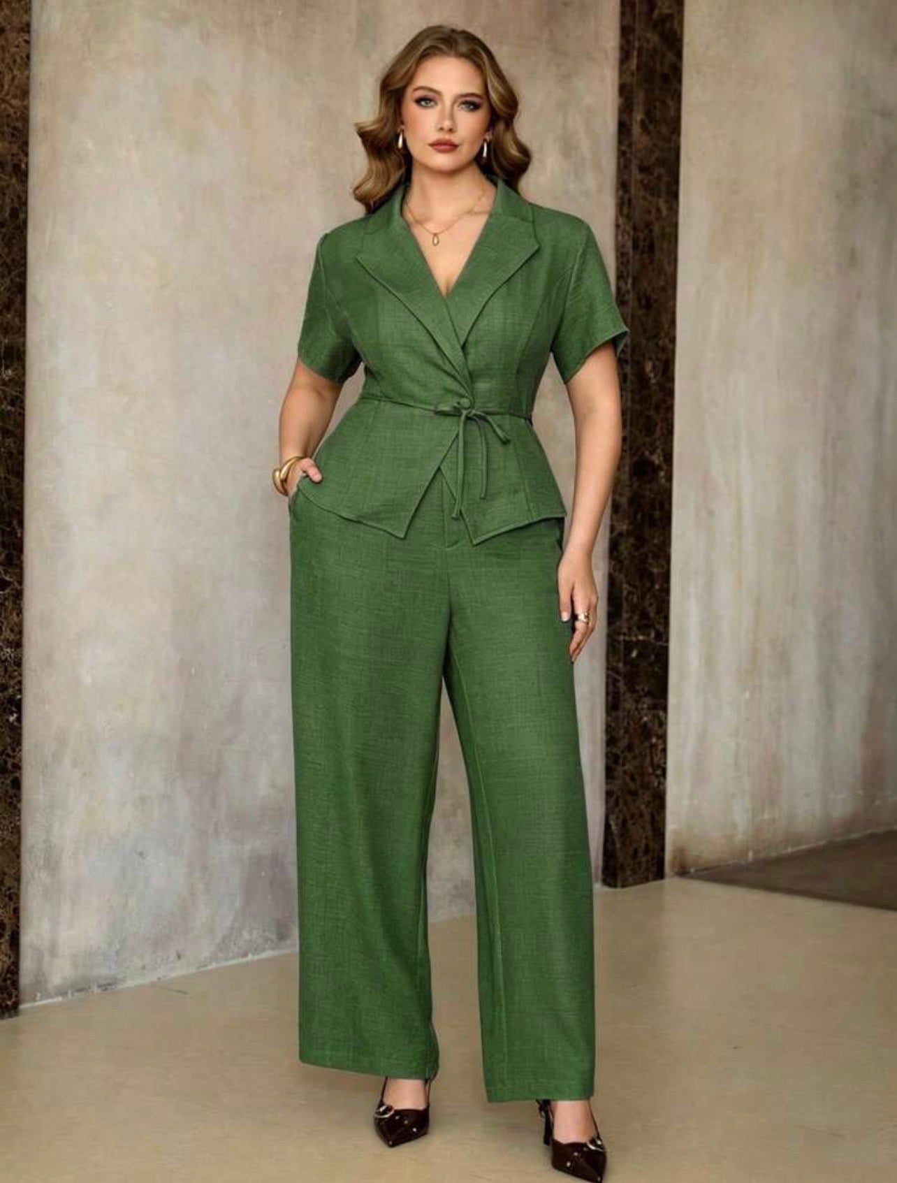 Roveilla Elegant Apricot Minimalist Short Sleeve Cinched Waist Shirt With Pockets And Straight Leg Pants 2-Piece Set