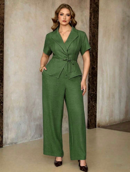 Roveilla Elegant Apricot Minimalist Short Sleeve Cinched Waist Shirt With Pockets And Straight Leg Pants 2-Piece Set