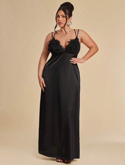 Elegant Black Deep V-Neck Satin Backless Dress,Lace Floral Tie-Up Sommar Evening Formal Dress @CHRISTIANDELOS