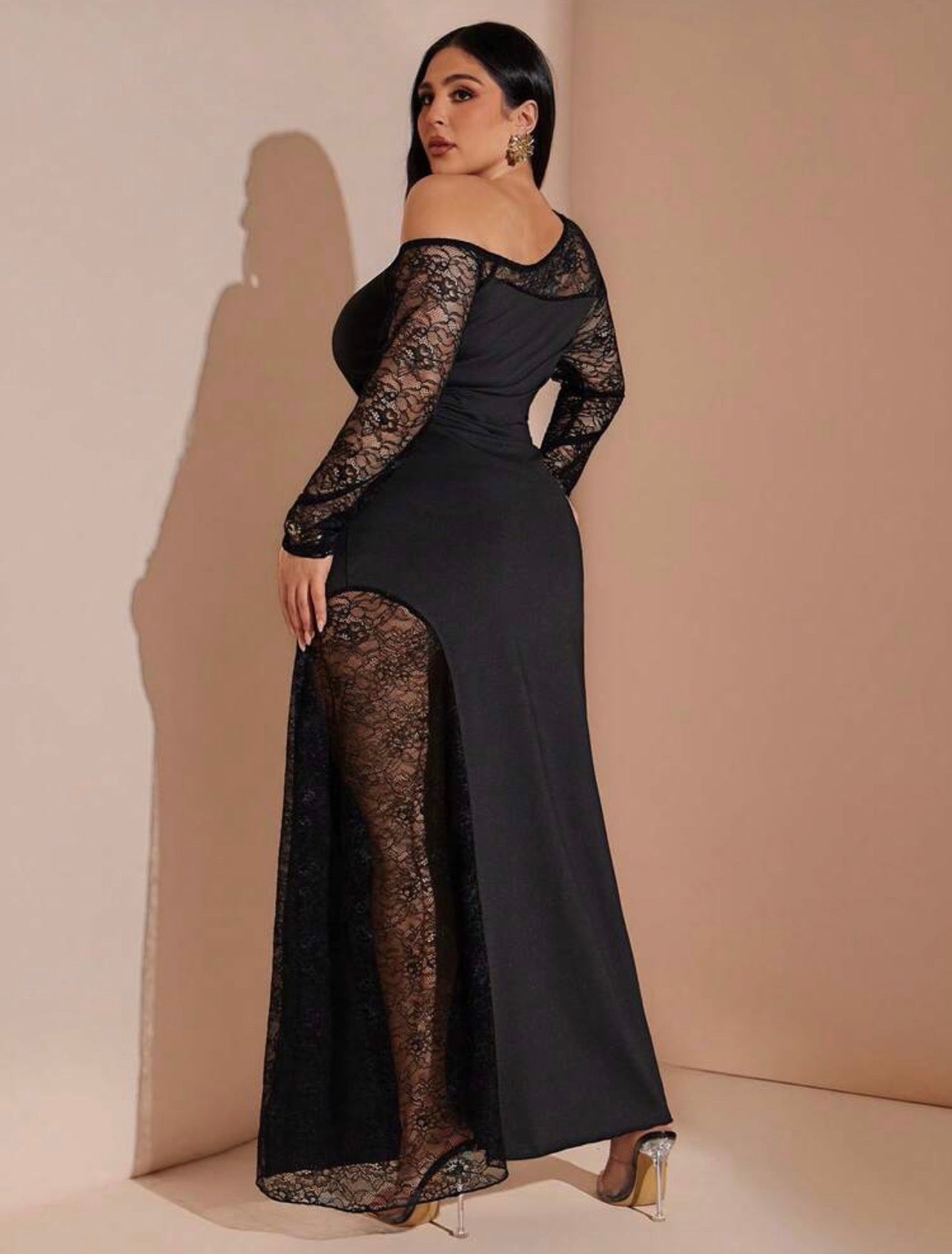 Women's Lace Patchwork Sexy Black Dress, Off-Shoulder High-Slit Maxi Dress @ CHRISTIANDELOS_ VERI CLASSY VERI DEMURE