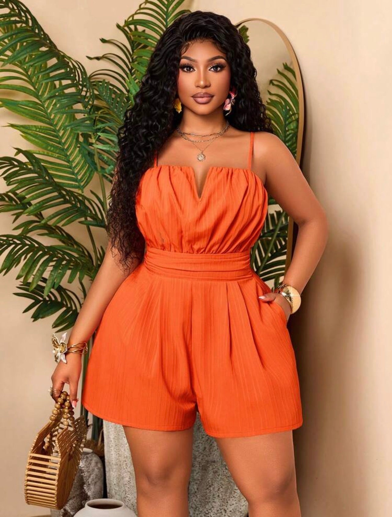 Orange Casual Jumpsuit, Sleeveless Spaghetti Strap V-Neck Ruched Short Jumpsuit With Pockets, Suitable For Daily Wear