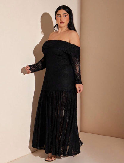 Ladies Extra Long Off Shoulder Lace Black Dress @CHRISTIANDELOS