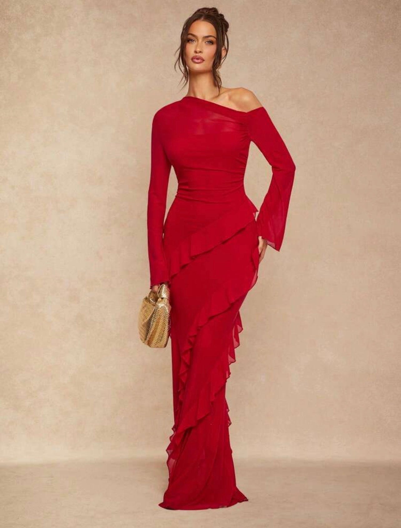 Burgundy Red Elegant Party Dress For Women,Sheer Shoulder Ruched Flare Sleeve Ruffled Hem Fitted Dress