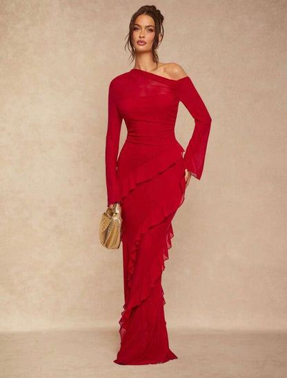 Burgundy Red Elegant Party Dress For Women,Sheer Shoulder Ruched Flare Sleeve Ruffled Hem Fitted Dress