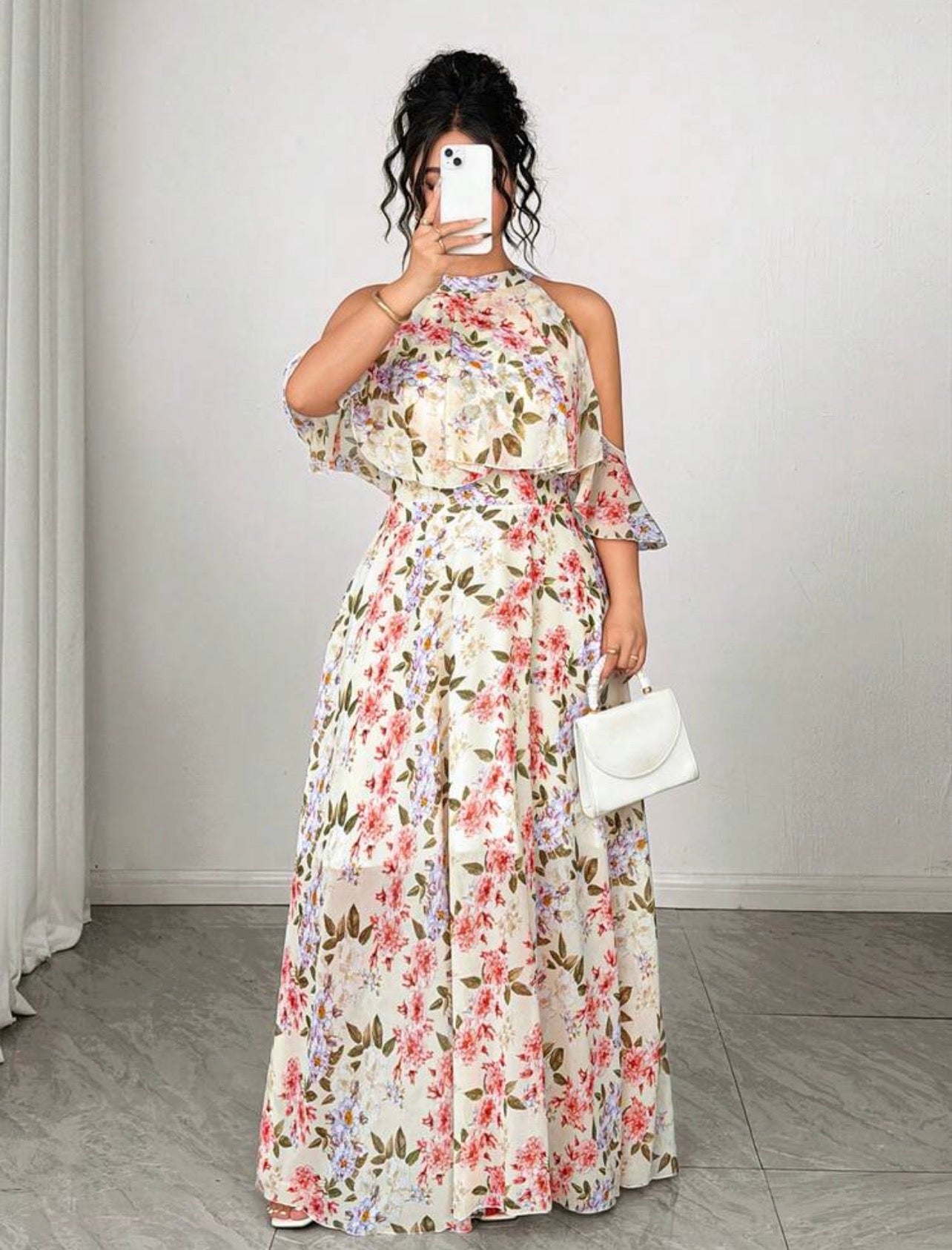 Classic - Vintage Floral Ruffle Sleeve Halter Neck Flowy Maxi Dress - CHRISTIAN DELOS -