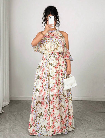Classic - Vintage Floral Ruffle Sleeve Halter Neck Flowy Maxi Dress - CHRISTIAN DELOS -