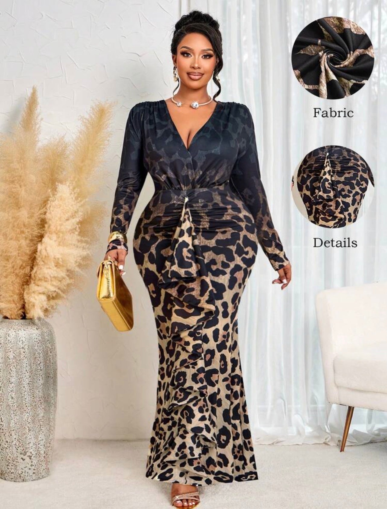 Elegant Deep V-Neck Long Sleeve Fitted Dress Suitable Outings, Office, Party Wear