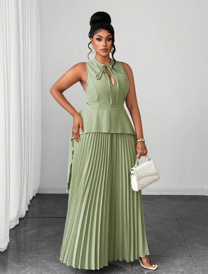 Ladies Round Neck Elegant Hollow Out Ruffle Hem Asymmetrical Pleated Full Skirt Sleeveless Tie Two Pieces Set