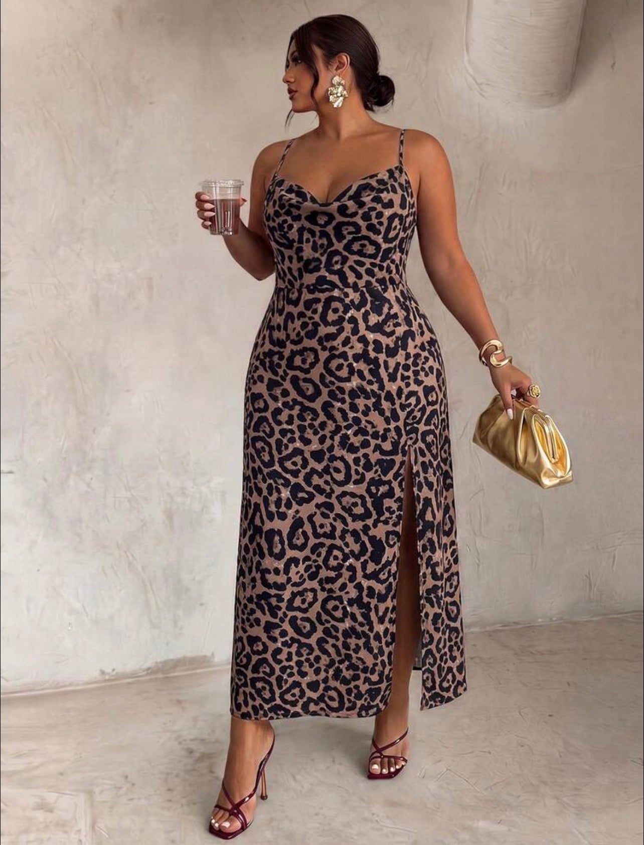 Firerie Women's Leopard Print Slit Design Casual Party Spaghetti Strap Dress